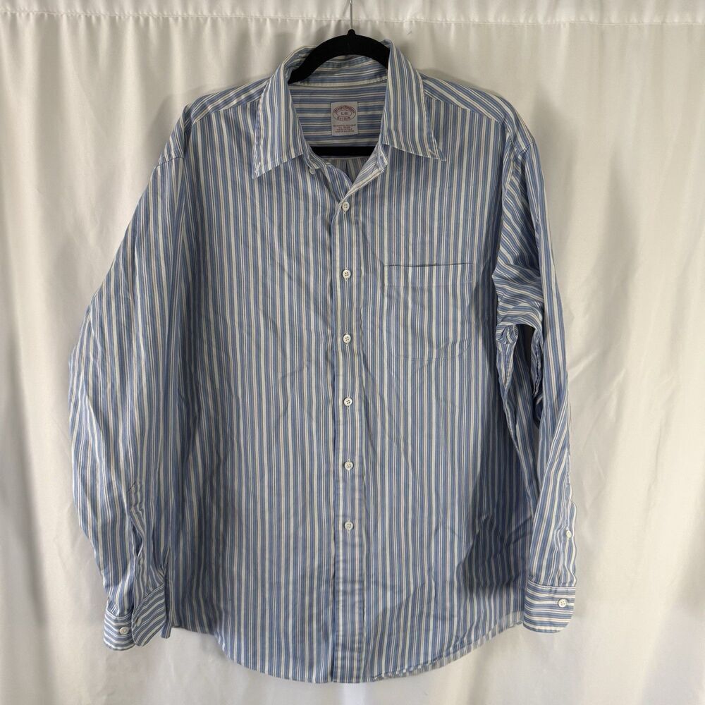 Brooks Brothers Dress Shirt Men's Large Blue Striped Button Up Collared Cotton
